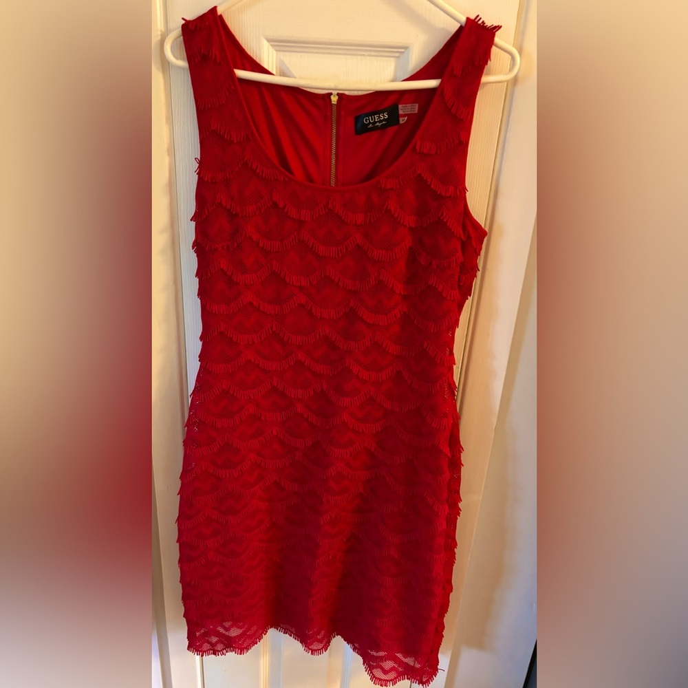 GUESS scalloped fringe red Dress